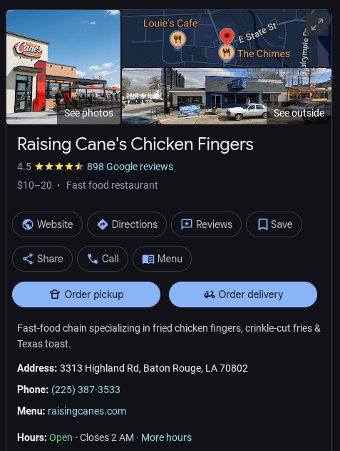 Raising Canes First Location Google Listing 3313 Highland Road Baton Rogue Louisiana
